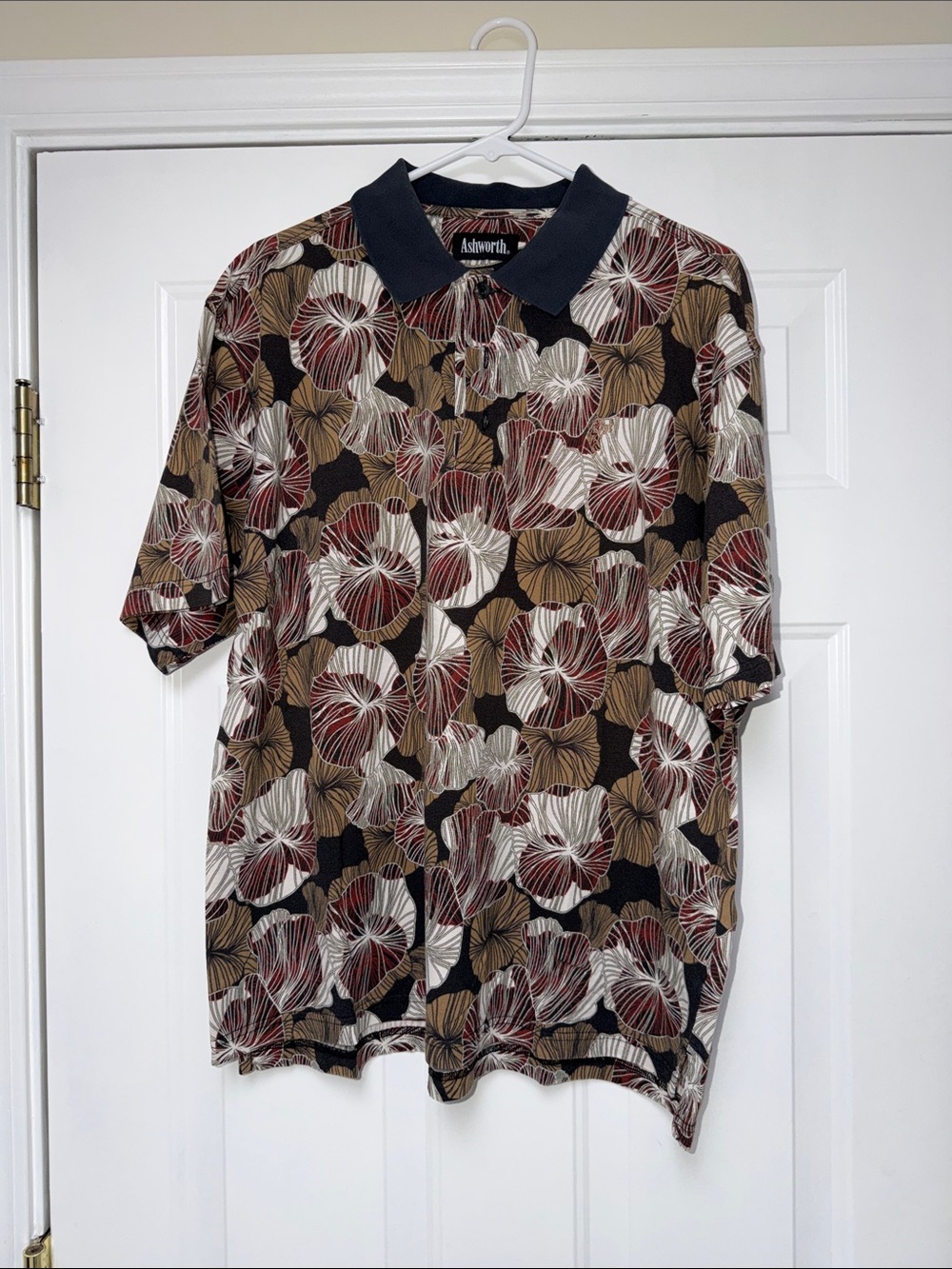 Ashworth Men's Floral Polo in Black, Brown & White with Burgundy Accents